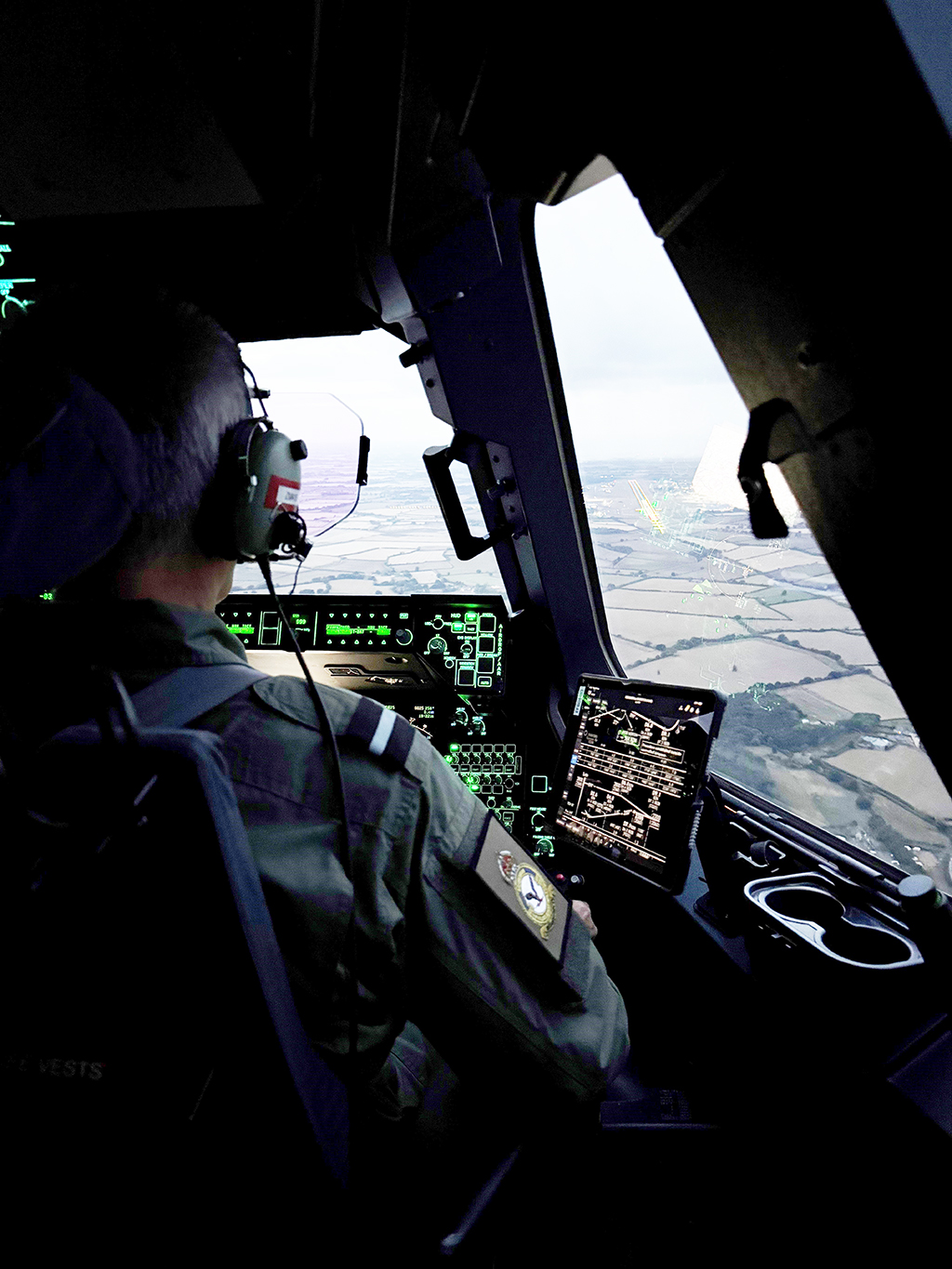Air Commodore Morgan, at the controls of the Atlas (A400M) aircraft, sitting in the righthand seat.